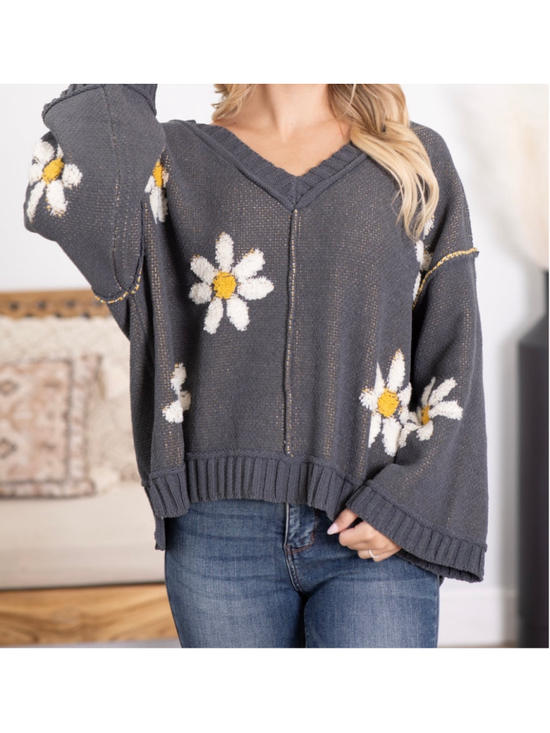 POL Sweaters - V-neck berber daisy floral pattern chenille pullover boho sweater gray medium
